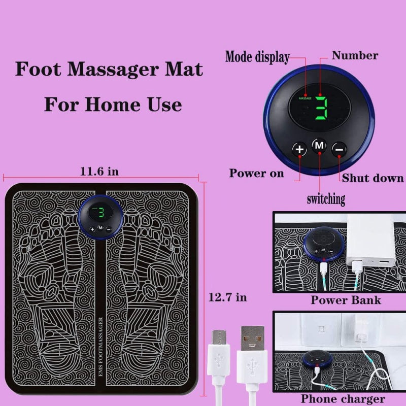 EMS Electric Foot Massager Mat – USB Rechargeable Smart TENS Acupressure Pad with Multiple Massage Modes & Intensity Levels