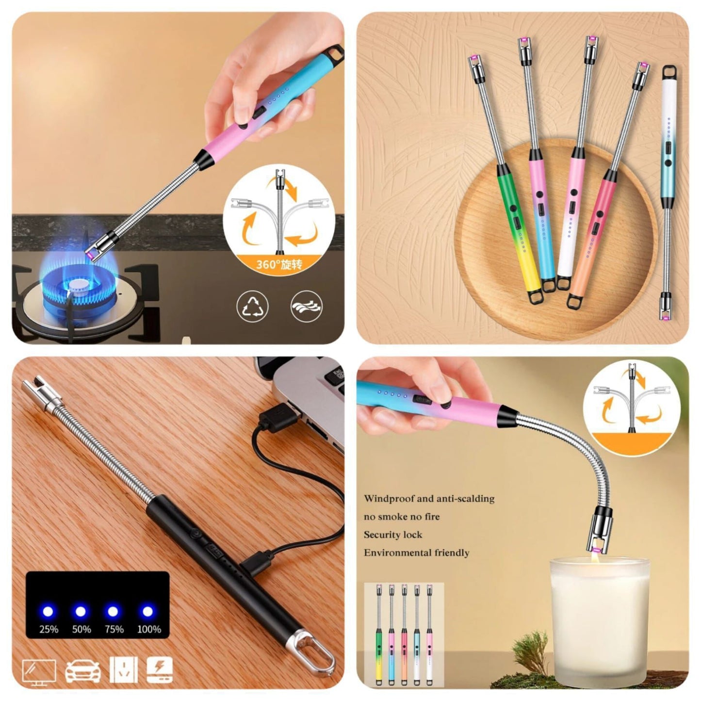 USB Rechargeable Arc Lighter – Flameless Windproof Plasma Lighter with LED Battery Display & 360° Rotating Neck (Random Color)