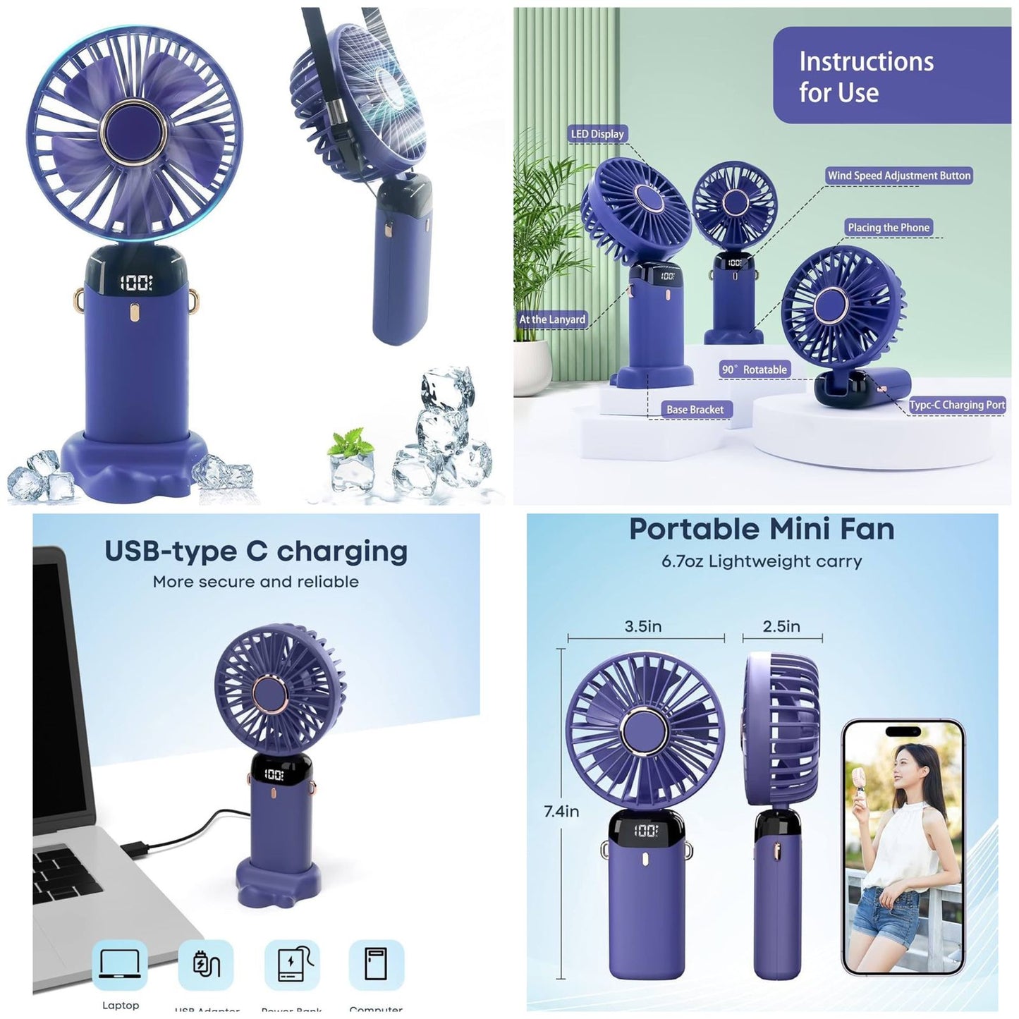 Digital Display Portable Mini Fan – 5-in-1 USB-C Rechargeable Handheld Desk & Neck Fan with Phone Stand (Random Color)