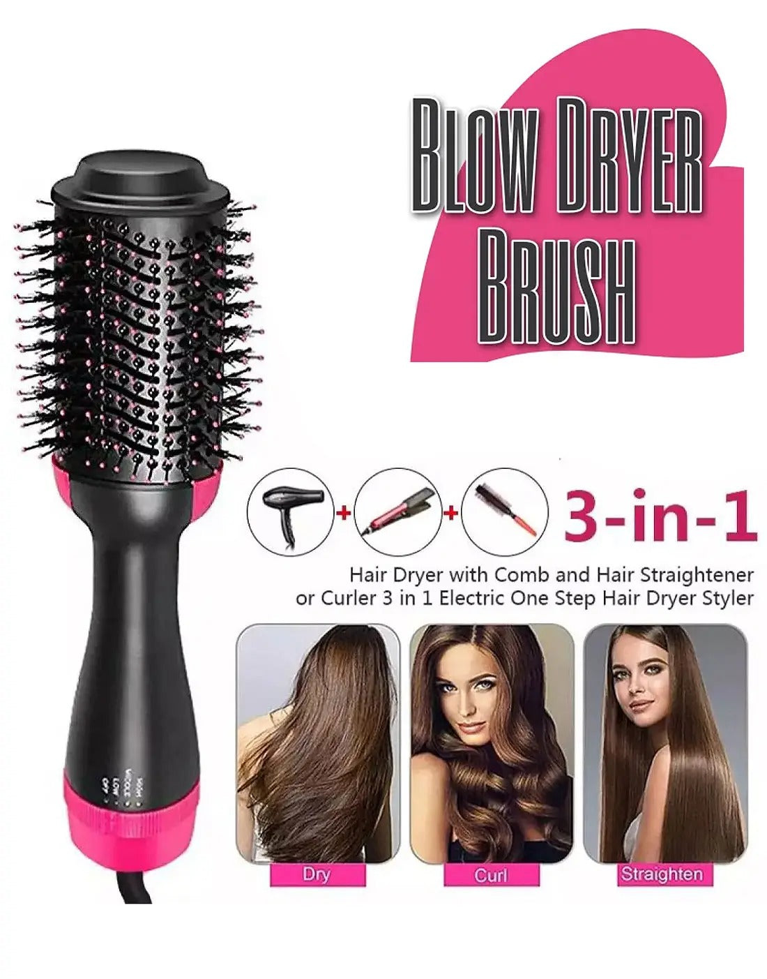 3-in-1 Hot Air Brush – Hair Dryer, Straightener & Curler